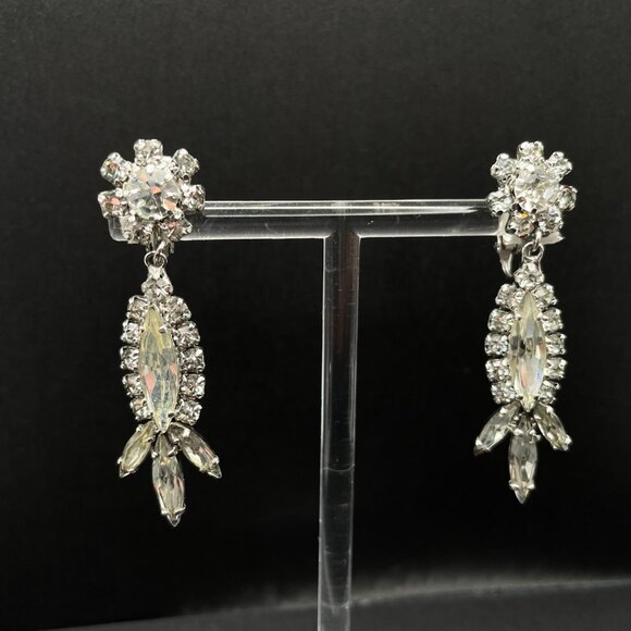 Vintage Signed Sherman Clear Rhinestone Clip on Earrings Bright and Sparkling 2" - Picture 2 of 10